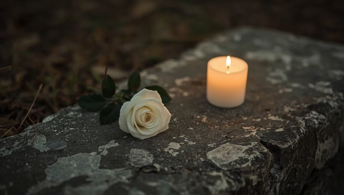 Weiße Rose und Kerze auf Stein – Trauersprüche